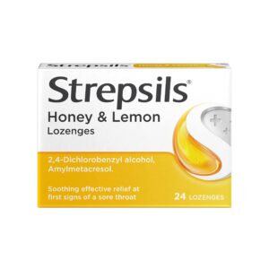 Strepsils Honey & Lemon Lozenges – 24 soothing lozenges with 2,4-Dichlorobenzyl alcohol and Amylmetacresol for effective relief at the first signs of a sore throat.