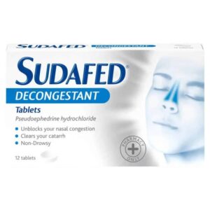 Sudafed Decongestant Tablets packaging containing 12 tablets, featuring pseudoephedrine hydrochloride to unblock nasal congestion, clear catarrh, and provide non-drowsy relief.