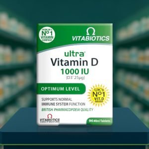 Vitabiotics Ultra Vitamin D 1000iu Tablets – Green and white box with pack size 96 tablets.