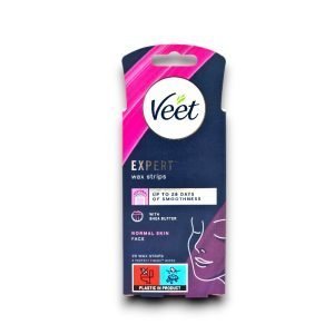 Veet Expert Wax Strips Face Normal Skin, 20 strips, enriched with almond oil for gentle hair removal and smooth skin for up to 28 days.