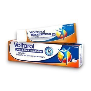 Voltarol Joint & Back Pain Relief 2.32% Gel tube packaging for joint, muscle and back pain relief.