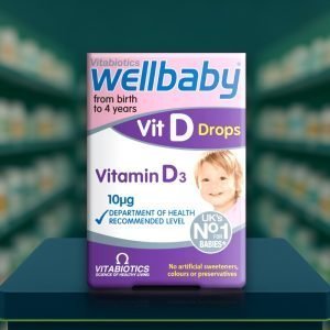 Wellbaby Vitamin D Drops 30ml – blue and yellow box with dropper, labelled vitamin D3 supplement for infants and children.