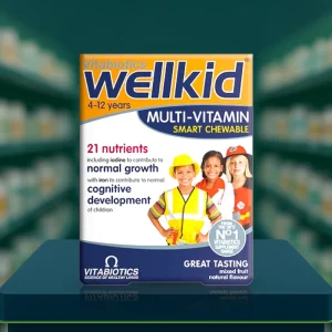 Vitabiotics Wellkid Multi-vitamin Chewable Tablets – colourful children’s vitamin pack, blue and orange design, 30 tablets.