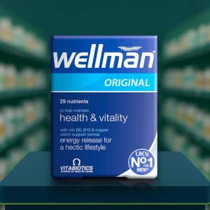 Vitabiotics Wellman Original Tablets 30 pack – Blue box with white and silver text, labelled Men’s Health, Energy Release, Health & Vitality.