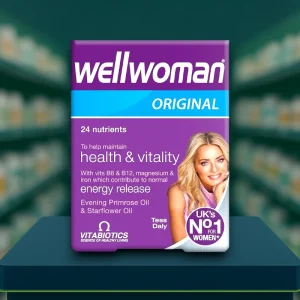 Vitabiotics Wellwoman Original Capsules – purple and white box, 30 one-a-day capsules with Evening Primrose Oil and Starflower Oil.
