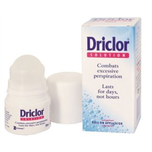 Driclor Antiperspirant Roll-On 20ml – White and blue packaging with pink label, designed for excessive sweating treatment.