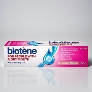Biotène Moisturising Gel 50g tube and box, white and blue packaging with “Biotène Moisturising Gel” text, sugar-free and alcohol-free dry mouth relief gel.