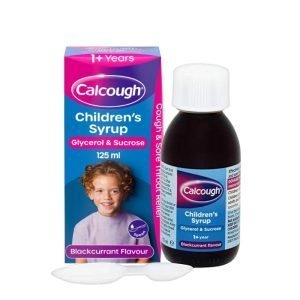 Calcough 1+ Year Children’s Syrup Blackcurrant 125ml – purple and white carton with yellow band, labelled for children’s cough relief.