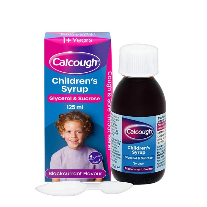 Calcough 1+ Year Children’s Syrup Blackcurrant 125ml – purple and white carton with yellow band, labelled for children’s cough relief.