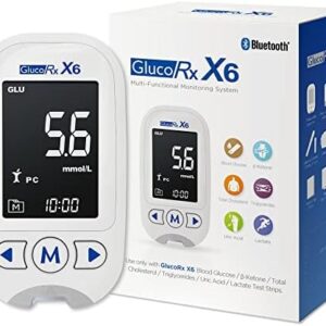 GlucoRx X6 Multi-Functional Monitoring System with Bluetooth, featuring a digital display showing a glucose reading of 5.6 mmol/L and time 10:00, alongside its packaging box highlighting various test capabilities and compatibility icons.