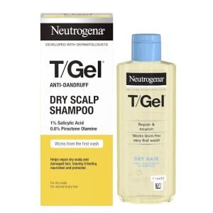 Neutrogena T/Gel Dry Hair Anti-Dandruff Shampoo 250ml – Blue and white packaging with black label, formulated for dry hair and scalp care.