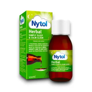 Nytol Herbal Simply Sleep & Calm Elixir in a 100ml brown glass bottle with a white screw cap, placed next to its green packaging box. The label features the 'Nytol' logo inside a cloud design. The product contains valerian root extract and is described as a traditional herbal medicinal product used for the temporary relief of mild anxiety symptoms and to aid sleep. The packaging also includes an image of the elixir being poured onto a spoon.