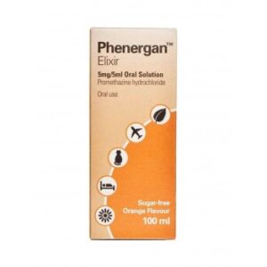 Image of a Phenergan Elixir 5mg/5ml Oral Solution bottle. The packaging is predominantly orange and white with black text. It features the Phenergan trademark, dosage information, active ingredient Promethazine Hydrochloride, and indicates it’s for oral use. Icons suggest it is sugar-free, has an orange flavor, and contains 100 ml of the solution. The image shows a medicinal product called Phenergan Elixir which contains Promethazine Hydrochloride as its active ingredient. This medication is typically used for allergy relief or to prevent motion sickness. The packaging highlights that it’s an oral solution with a dosage of 5mg/5ml, sugar-free with an orange flavor, and comes in a 100 ml bottle.