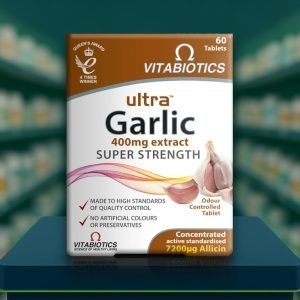 Vitabiotics Ultra Garlic Tablets – brown and white box, 60 tablets, labelled “Super Strength Garlic” with 400mg extract and 7200µg allicin.