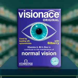 Vitabiotics Visionace Original Tablets – 30 tablets pack, blue and purple box labelled nutritional care for normal vision.