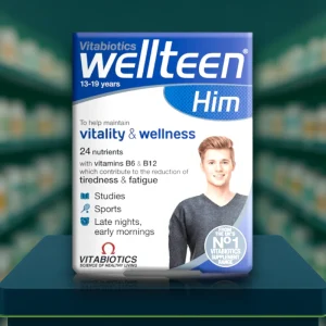 Front view of Vitabiotics Wellteen Him Tablets, 30-tablet pack. Blue and white box with purple accents, featuring Vitabiotics branding and “Wellteen Him” label. Multivitamin supplement for teenagers and young men aged 13–19, providing 24 nutrients including vitamins, minerals, Co-Q10 and Lycopene to support energy, immunity, focus, bone health and skin.
