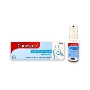 Box and spray bottle of Canesten Dermatological Spray 40ml with blue label and image of a person with highlighted foot area.