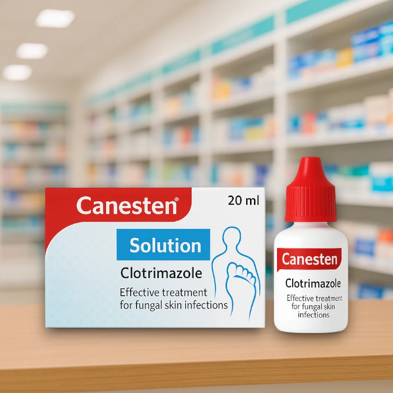 Box and bottle of Canesten Solution 20ml with red cap, featuring illustration of a person and foot, used for treating fungal infections.