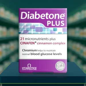 Vitabiotics Diabetone Plus Tablets dual pack, purple and white box with Cinafen Cinnamon & Fenugreek label, contains 28 Diabetone multivitamin tablets and 56 Cinafen tablets, designed to support normal blood glucose levels, carbohydrate metabolism, energy release and overall wellbeing.