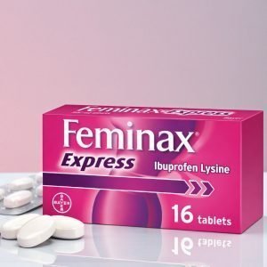 Feminax Express Tablets 16 pack, pink and white box with “Feminax Express” branding, stating fast period pain relief tablets containing ibuprofen lysine.