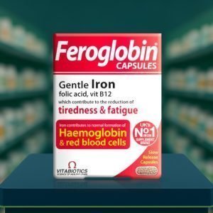 Vitabiotics Feroglobin Capsules 30 pack – red and white box with Vitabiotics branding and slow-release iron label.