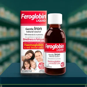 Vitabiotics Feroglobin Liquid 200ml bottle and outer carton, red and white packaging with orange and honey imagery, labelled as “Feroglobin Liquid – Gentle Iron To Help Support Your Haemoglobin And Red Blood Cells”. Vegetarian approved, no artificial colours, suitable for adults and children over 3.