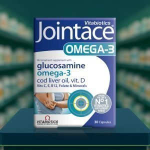 Vitabiotics Jointace Omega-3 Capsules – Blue and orange box, labelled glucosamine, cod liver oil, omega-3, vitamins & minerals, 30-capsule pack.