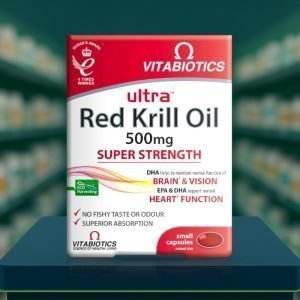 Vitabiotics Ultra Red Krill Oil Capsules 500mg – red and white packaging, labelled superior Omega-3, 30 capsules.