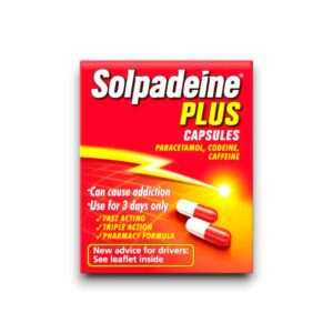 Solpadeine Plus Capsules, containing paracetamol, codeine, and caffeine for fast-acting pain relief. Triple action pharmacy formula. Warning: can cause addiction; use for three days only.