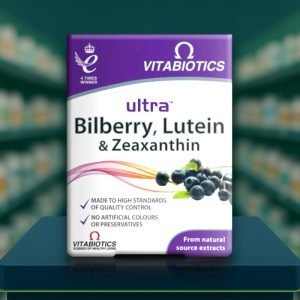 Vitabiotics Ultra Bilberry, Lutein & Zeaxanthin Tablets – purple and white box, labelled 30 tablets, UK’s No.1 vitamin company.