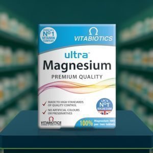 Vitabiotics Ultra Magnesium Tablets – 60 tablet pack, white and blue box with yellow highlights, labelled 375mg magnesium.