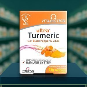 Vitabiotics Ultra Turmeric Tablets – orange and yellow box, labelled one-a-day with curcumin, vitamin D3 and black pepper, 30 tablets pack size.