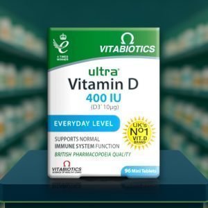 Vitabiotics Ultra Vitamin D 400IU Tablets – green blue and white box, labelled 10μg, pack size 96 tablets.