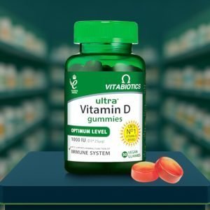 Vitabiotics Ultra Vitamin D Gummies 1000IU – orange and white box with bottle inside, labelled vegan, 60 gummies pack.