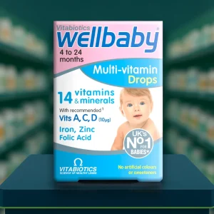 Vitabiotics Wellbaby Multi-vitamin Drops 30ml pack with syringe. Pastel blue and pink box showing product name “Wellbaby Multi-vitamin Drops” with key nutrients listed: vitamins A, C, D and iron. Designed for babies aged 4–24 months to support growth, bone development, immunity and brain function.