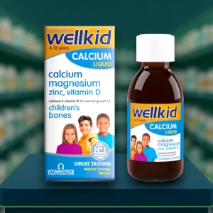 Vitabiotics Wellkid Calcium Liquid 150ml bottle and box. Packaging is mainly blue and orange with the text “Wellkid Calcium Liquid” and “4–12 years”. Child-friendly supplement containing calcium, vitamin D, magnesium, zinc and copper. Dairy-free, vegetarian and orange flavoured.