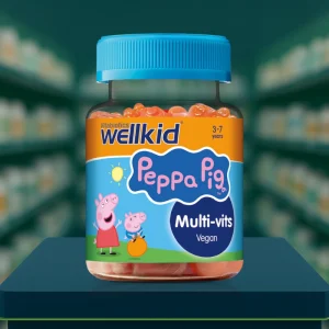 Vitabiotics Wellkid Peppa Pig Multi-vitamins box and bottle, 30 soft strawberry flavour jellies for children aged 3–7 years. Colourful packaging with Peppa Pig cartoon character, highlighting vitamins A, C, D, E and B-complex.