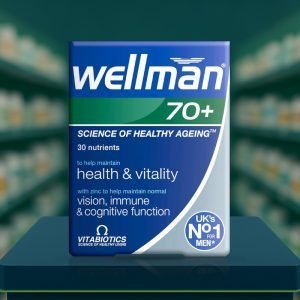Vitabiotics Wellman 70+ Tablets – blue and white box, labelled “Wellman 70+”, 30 tablets pack for men aged 70 and over.