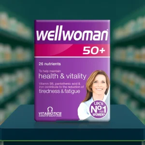 Vitabiotics Wellwoman 50+ Tablets – purple and white packaging, 30 tablets, labelled for women over 50.