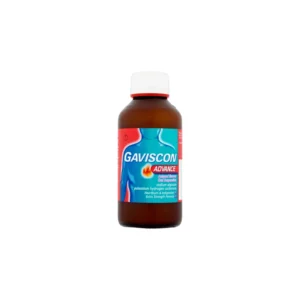 Gaviscon Advance Liquid Suspension 250ml – turquoise bottle with white cap and label text “Heartburn & Indigestion Relief”.