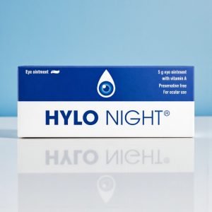 Hylo-Night Eye Ointment 5g tube and box, white and blue packaging with “Hylo-Night” text, preservative-free vitamin A eye ointment for night-time dry eye relief.