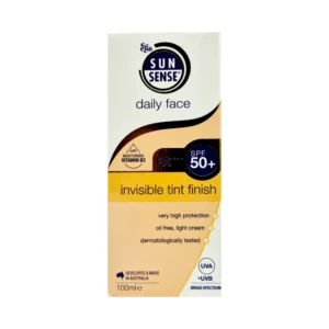 SunSense Daily Face SPF 50+ Invisible Tint Finish packaging featuring 100ml of light, oil-free cream with broad-spectrum UVA and UVB protection. Dermatologically tested and enriched with Vitamin B3 for moisturising benefits.