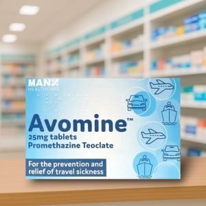Avomine Travel Sickness Promethazine 25mg Tablets – yellow and white box, labelled 25mg, pack size 28 tablets, for travel and motion sickness prevention.