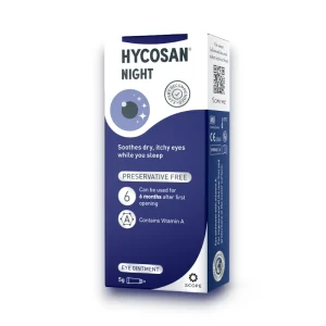 Tube of Hycosan Night Eye Ointment for overnight relief from dry and irritated eyes.