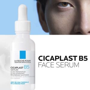 Cicaplast B5 Face Serum 30ml – La Roche-Posay white and blue dropper bottle in outer box labelled repairing hydrating daily serum.
