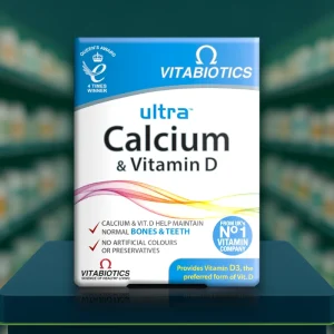 Vitabiotics Ultra Calcium & Vitamin D Tablets – White and blue box with 60 tablets pack, labelled calcium 1000mg and vitamin D3 20µg.