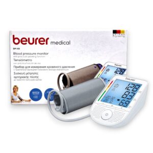 Beurer BM 49 Blood Pressure Monitor packaging and device, featuring a cuff and practical speaking function for accurate and convenient blood pressure measurement.