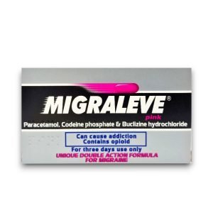 Migraleve Pink Tablets – pink blister pack labelled with product name and dosage, containing paracetamol 500mg, codeine phosphate 8mg, buclizine hydrochloride 6.25mg, pack of 24 or 12.