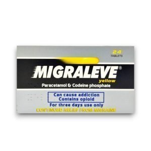 Migraleve Yellow Tablets – yellow blister pack, labelled with product name and dosage, containing paracetamol 500mg and codeine phosphate 8mg, pack of 24.