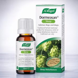 A.Vogel Dormeasan Sleep Valerian-Hops oral drops in an amber glass bottle with a white cap, shown beside a white carton with green A.Vogel branding and “Dormeasan Sleep Valerian-Hops oral drops” text, featuring hop cones and valerian root imagery, pack size 50ml.